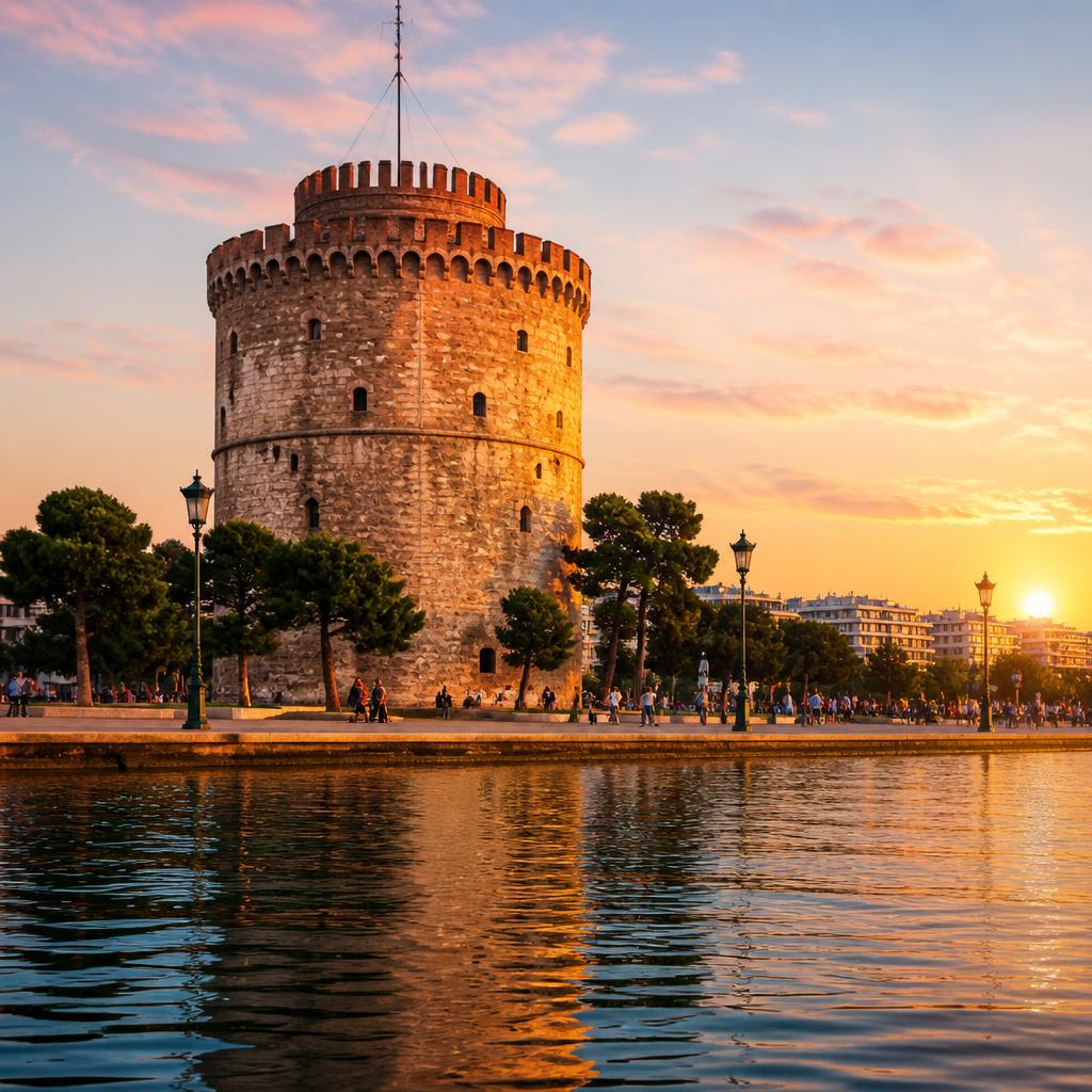 Πανοραμική άποψη της Θεσσαλονίκης με τον Λευκό Πύργο στο ηλιοβασίλεμα